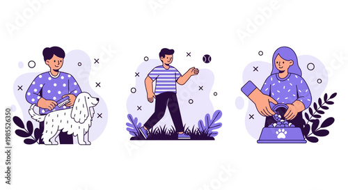 Pet care set man brush dog kid play ball girl feed bowl joy love art