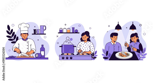 Professional chef preparing food and couple dining at restaurant vector set