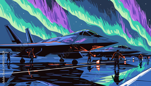 A vector graphic illustration of a fighter jet on a runway under the aurora borealis at night