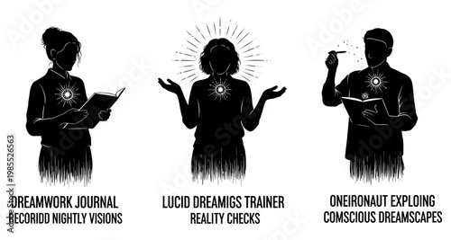 Figures engaged in dream exploration and consciousness expansion as silhouettes with glowing sun symbols