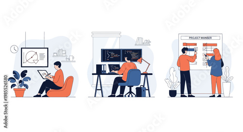 Tech team work code dev site app web plan task flow idea firm job group