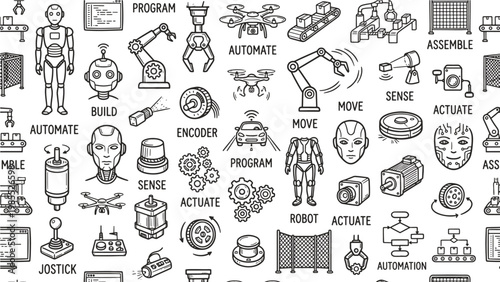 Robotics and automation technology doodle icon pattern for AI engineering, manufacturing industry, and smart machine design education