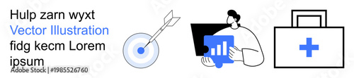 Business planning, health, analytics, target achievement, professional growth, data strategy. Man analyzing data, target icon medical kit. Analytics and target achievement idea