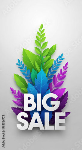 Leaf arrangement in green, blue and purple tones with white 