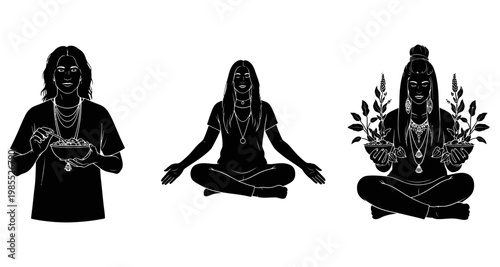 Meditating figures holding food and plants in silhouette against white