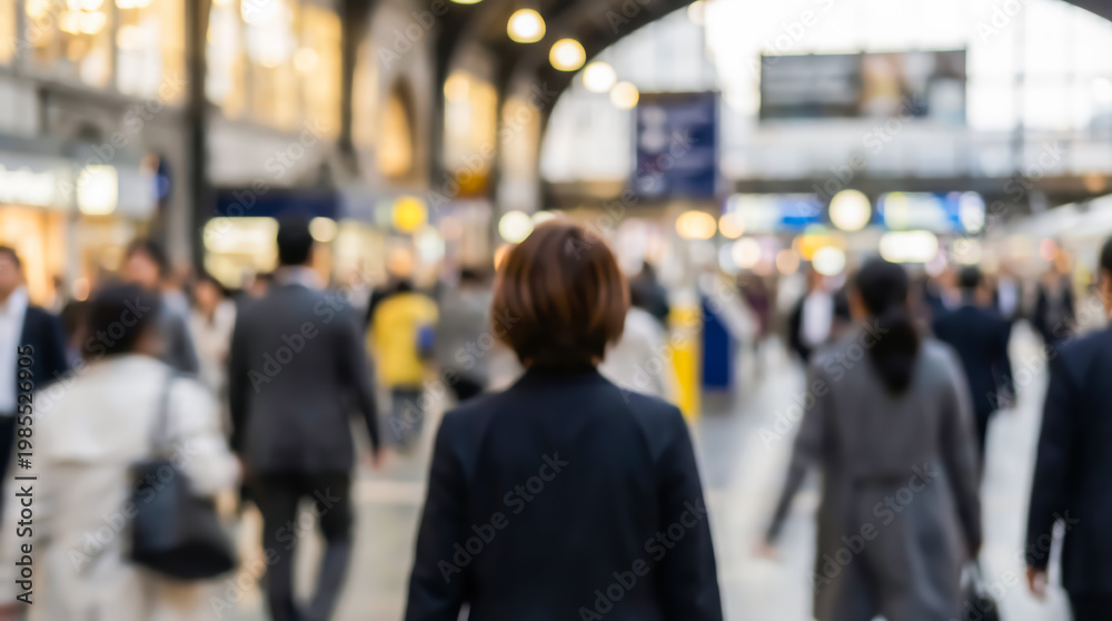 Fototapeta premium Blurred motion of people walking through a busy modern public building or train station concourse