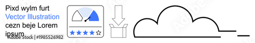 Digital data storage, cloud technology, online services, user feedback, network solutions, mobile apps. Cloud icon with a download arrow and user rating graphic. Cloud technology and digital data