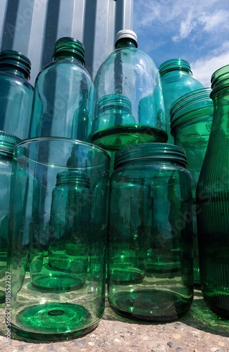 Green glass bottles and jars arranged outdoors under sunlight, showcasing transparency, reflections, and color variations against a corrugated metal wall and blue sky