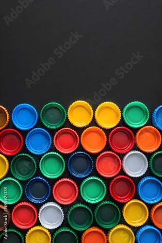 Colorful plastic bottle caps arranged in neat rows on a black background, emphasizing vibrant hues, repetition, contrast, and eco‑friendly recycling design themes