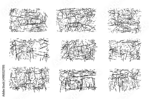 Grunge texture cracks and scratches overlay. Abstract chaotic messy blobs and spatters. Stain and drops dirty backdrop vintage noise effect surface. Isolated. Vector illustration.