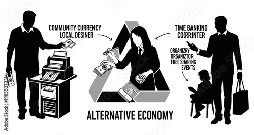 People engaging in alternative economy concepts with money exchange during daytime silhouette