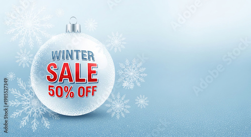 Glassy ornament with winter sale text on blue background with snowflakes, signifying holiday discounts and shopping opportunities, free space available