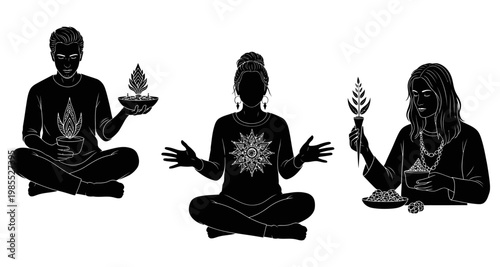 People meditating with plants in silhouette against a white background