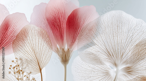 Translucent pressed wildflower and hibiscus petal overlapping on soft grey white background in diffused light revealing delicate vein network. Perfect for floral editorial and beauty concepts.