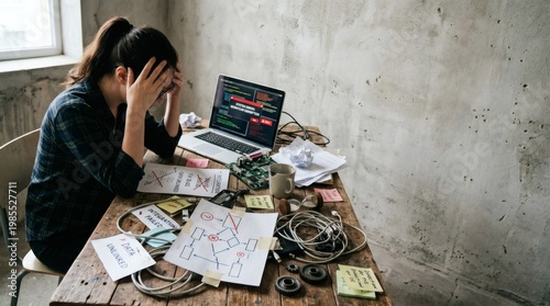 Frustrated programmer woman sitting at messy desk surrounded by wires and circuit boards, overwhelmed by coding errors on laptop, concept of difficult debugging.
