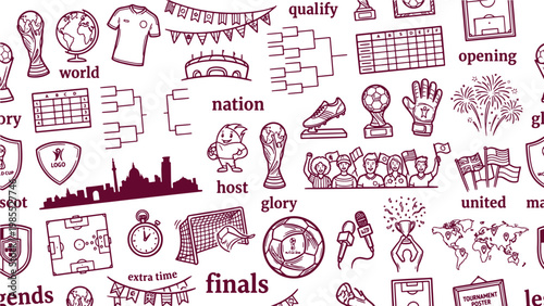 Football World Cup tournament and global competition doodle pattern for international championship, nation qualification, and finals branding