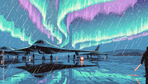 A futuristic illustration of a sleek airplane on a runway under the vibrant aurora borealis with people standing nearby in the rain