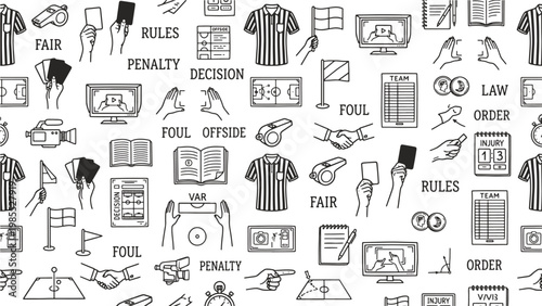 Football referee rules and officiating decision pattern for sports law, VAR technology, and fair play education design backgrounds