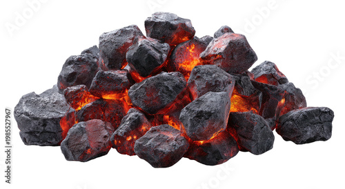 Close-up of glowing hot coal. Black rocks, fiery orange flames.  Transparent background
