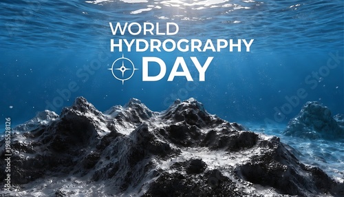 Underwater ocean landscape, World Hydrography Day, sea floor, blue water, rocky terrain
