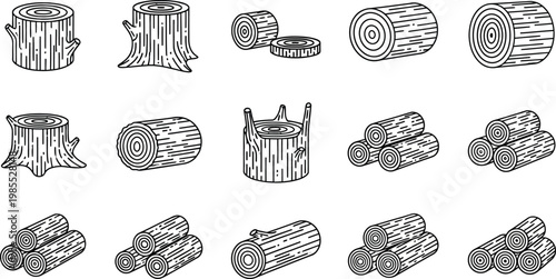 Black and white line of tree trunks and logs wood line stump
