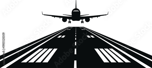 Black silhouette airplane landing on runway white