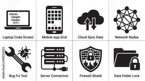 Vector icons, web development, software engineering, data security, network technology