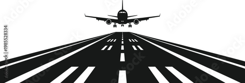 Black silhouette airplane taking off on runway white