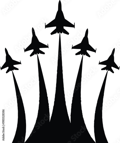 Black silhouette of five fighter jets flying in formation with contrails airplanes aircraft
