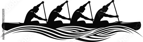 Black silhouette of four people rowing a boat on wavy water canoe silhouettes