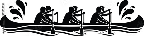 Black silhouette of four people rowing a boat oars water silhouettes