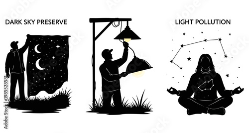 Silhouette of people interacting with night sky and artificial lights