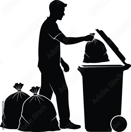 Man putting trash bag into garbage can with two bags beside silhouette black