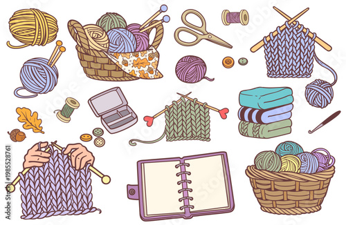 Set of objects for needlework - yarn, knitting needles, scissors, a crochet hook color variations