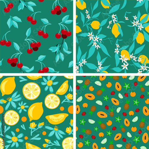 Vibrant Summer Fruit Seamless Pattern Set on Emerald Green Background, Tropical Citrus, Lemon and Cherry Botanical Vector Collection for Mediterranean Textile, Swimwear Fabric and Kitchen Decor