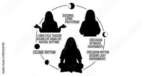 Person meditating against moon phases during circadian rhythm concept silhouette