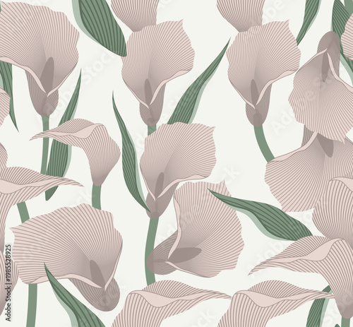 Elegant Line Art Calla Lily Seamless Pattern, Minimalist Engraved Floral Background for Luxury Wedding Invitations, Skincare Packaging and Sophisticated Textile Vector