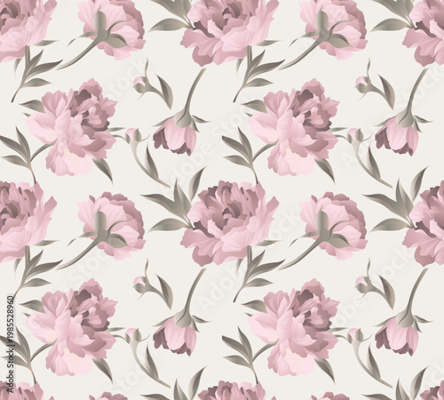 Dusty Rose Peony Seamless Pattern, Vintage Shabby Chic Botanical Vector Floral Background for Coquette Aesthetic Textile, Wedding Wrapping Paper and Elegant Wallpaper