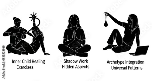 Silhouette women meditating in diverse poses against white background for wellness concepts