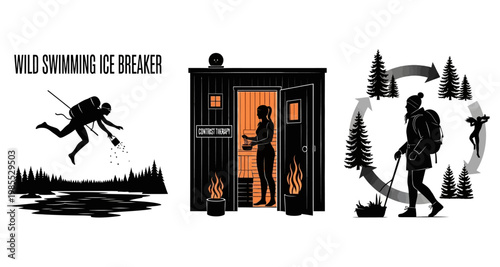 Silhouettes of active people in nature during leisure activities