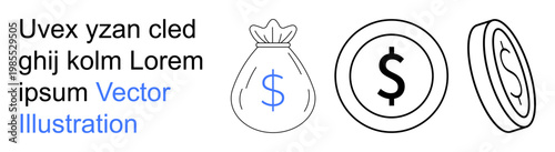 Finance, currency, savings, investments, business, wealth. ion of a money bag, dollar coin and currency symbols. Finance and currency concepts through clean minimalist icons