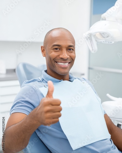 Happy patient sitting in dental chair smiling