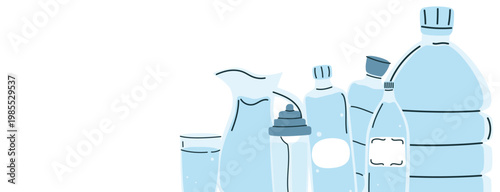 Water bottle and container background. Blue water bottles banner for hydration trackers or health blogs. Vector illustration