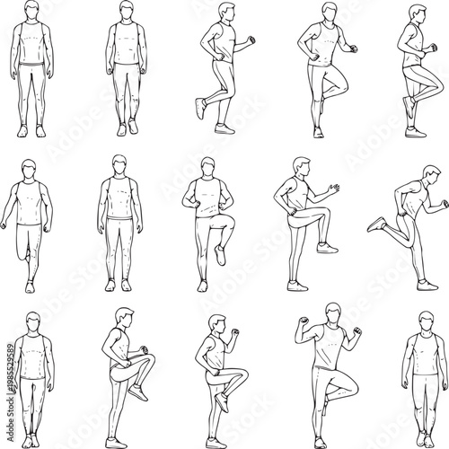 Fitness exercise line art icons, set of 15 male athlete workout poses, black and white man running and stretching vector illustrations for gym training