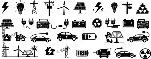 Diverse energy sources and electrical components a comprehensive icon set
