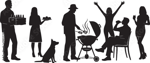 silhouette party scene with grill and guests in vector flat design