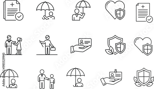Insurance and protection line icons set coverage for life health and property
