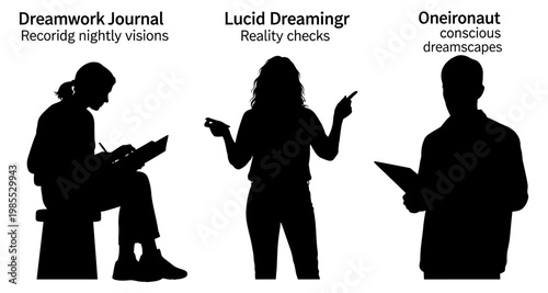 Silhouettes of people exploring consciousness and dreams against a white background