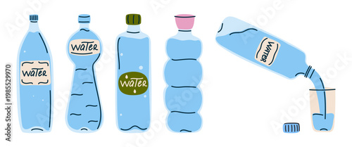 Water bottle vector set. Plastic bottles with mineral water and glass. Drink more water illustration