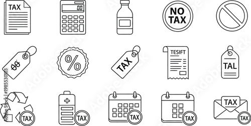 Tax related icons set bills receipts seals and financial symbols